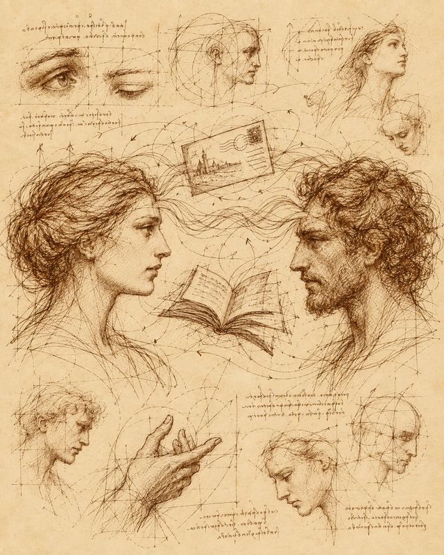 Sepiazeichnung im Stil der Notizbücher Leonardo da Vincis zum Kapitel Gibt es Gedankenübertragung?: Zwei Köpfe, zwischen denen feine Linien verlaufen, dazu eine Postkarte und ein aufgeschlagenes Buch.